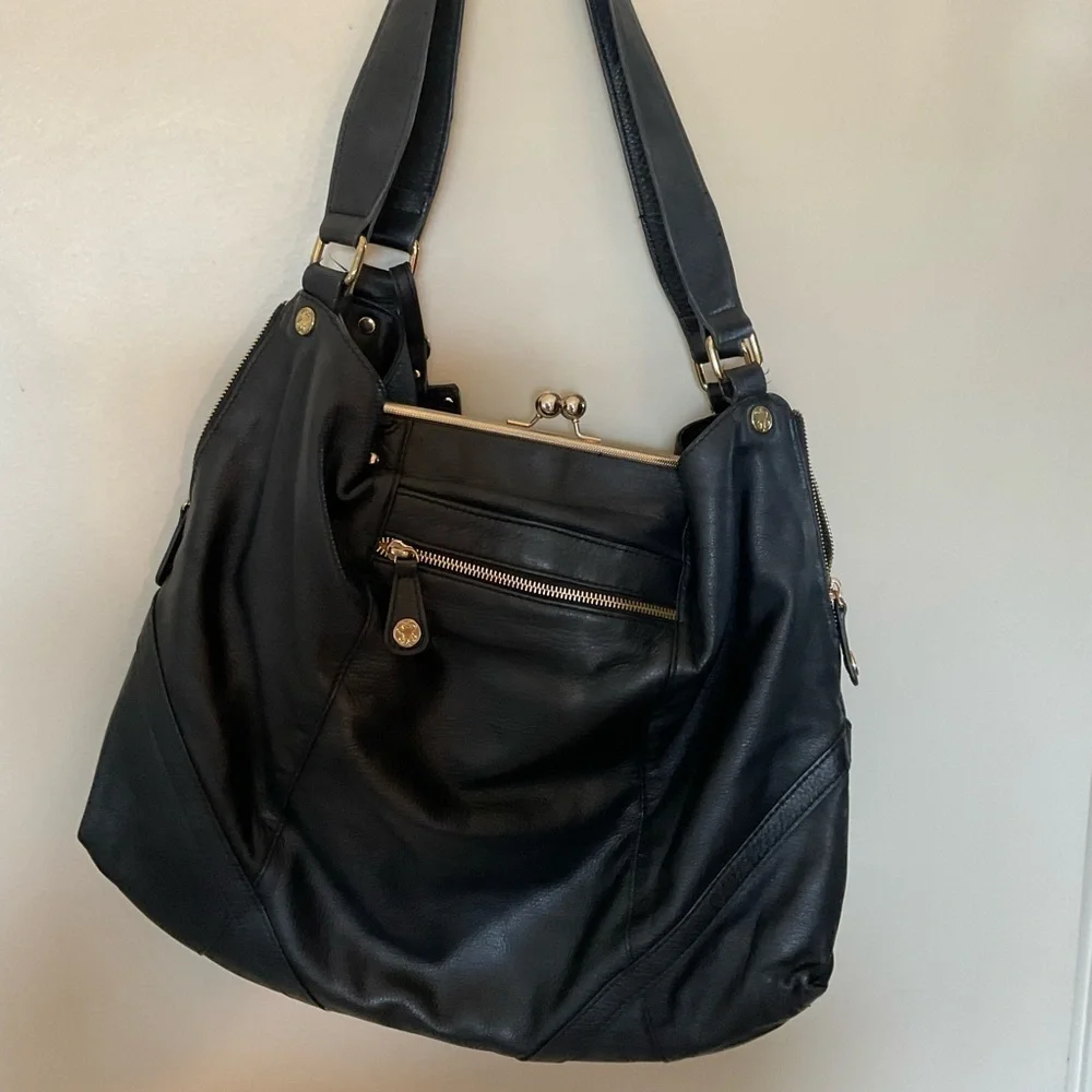 Emma Fox Black Leather Handbag with Gold Hardware